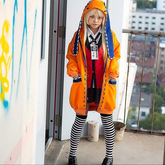 KAKEGURUI NETFLIX ANIME: ORANGE BUNNY COSPLAY COAT WITH EARS - Picture 7 of 16